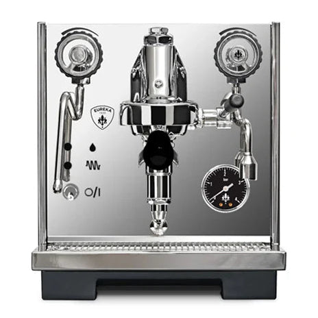 Stainless steel espresso machine with visible brand logo on a white background