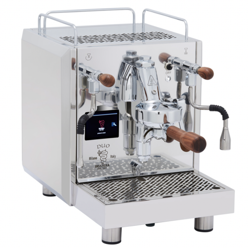 bezzera duo mn home coffee machine on white background with wooden accents.