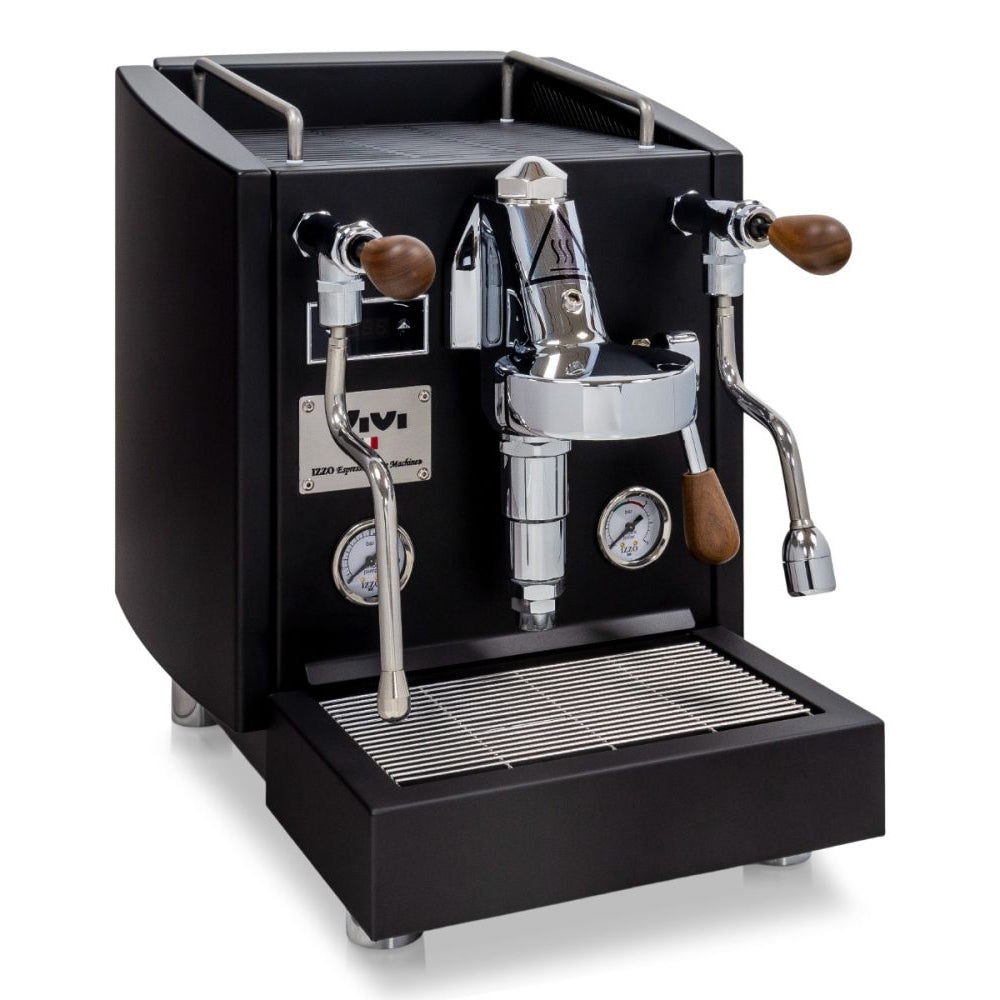 Black izzo vivi espresso machine with chrome components on a white background