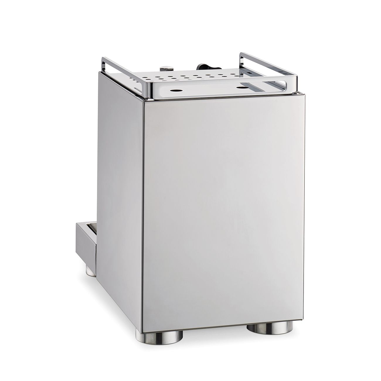 La Pavoni Cellini Mini Coffee Machine featuring a sleek stainless steel body with compact design, mounted on sturdy metal feet. The professional-grade E61 group head is visible on top, showcasing its premium semi-professional build quality and minimalist aesthetic.