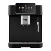 Black Beko coffee machine with digital display on a white background