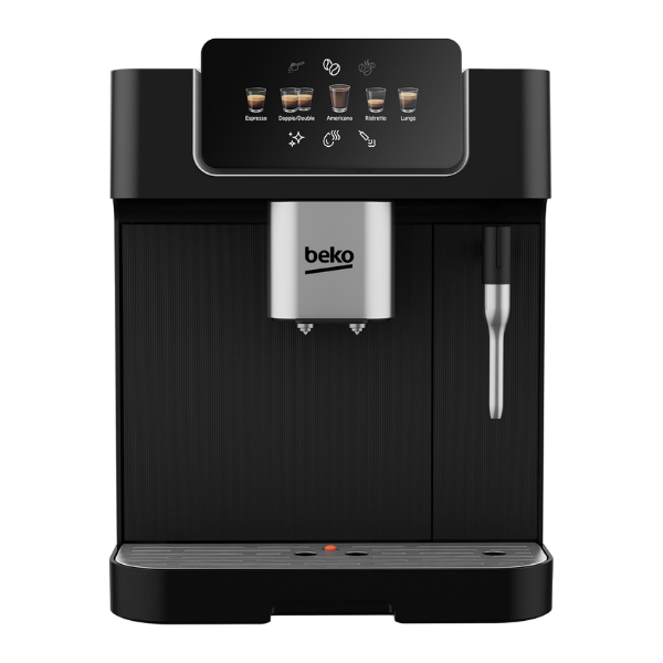 Black Beko coffee machine with digital display on a white background