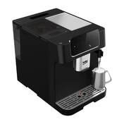 Black coffee machine with milk frother on a white background