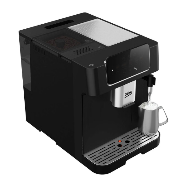 Black coffee machine with milk frother on a white background
