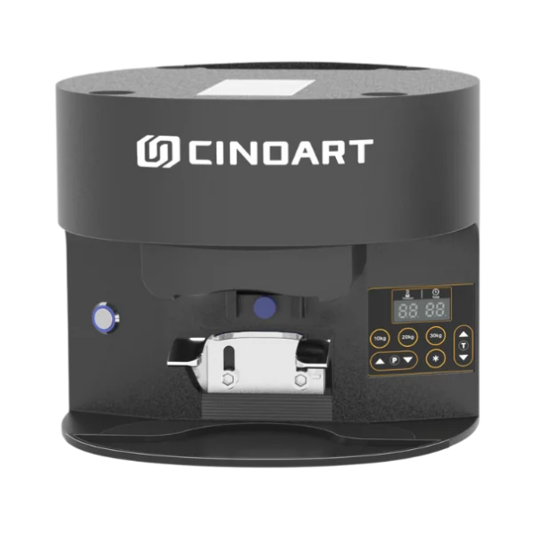 A Cinoart black automatic coffeetamper, the PTB FI model on a white background