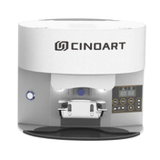 CINOART commercial automatic coffee tamper, featuring a white top casing and body, a black circular base, and an integrated digital control panel.