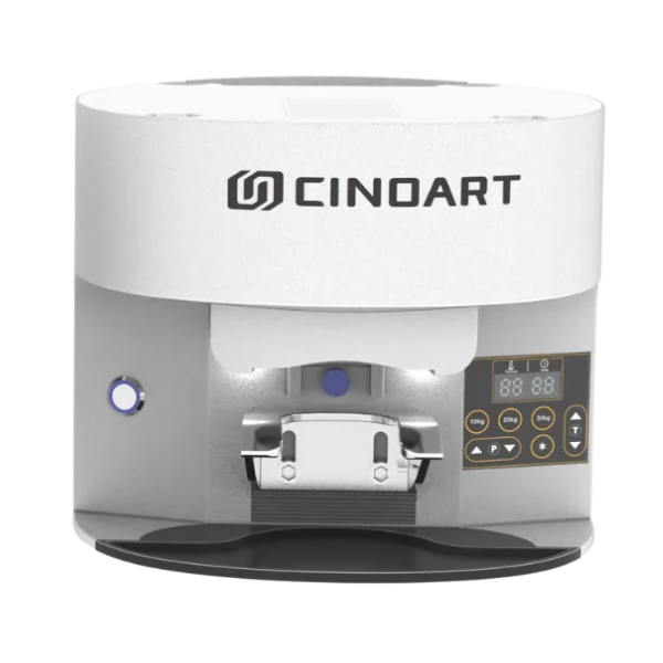 CINOART commercial automatic coffee tamper, featuring a white top casing and body, a black circular base, and an integrated digital control panel.