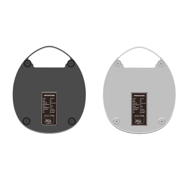The underneath of two Cinoart PTB FI Coffee tampers, shown side by side on a white background. The left is black and the right is white. Both show unit specifications labels. 