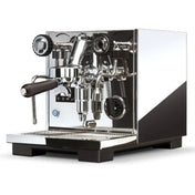 Espresso machine with a black and silver design on a white background
