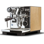 Espresso machine with wooden side panel on a white background