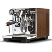 Espresso machine with wooden side panel on a white background