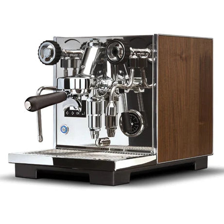 Espresso machine with wooden side panel on a white background