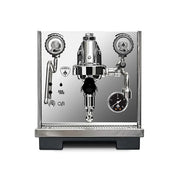 Stainless steel espresso machine with visible brand logo on a white background