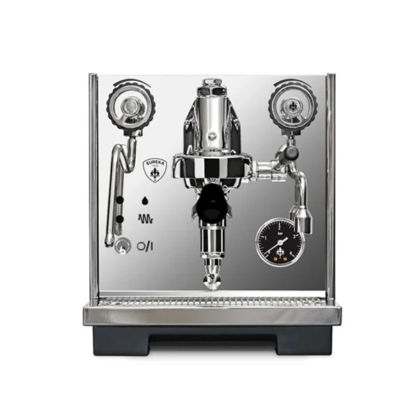 Stainless steel espresso machine with visible brand logo on a white background