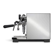 Espresso machine with a metallic finish on a white background