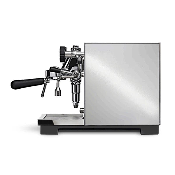Espresso machine with a metallic finish on a white background