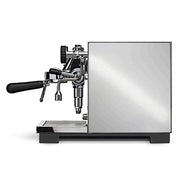 Espresso machine with a metallic finish on a white background