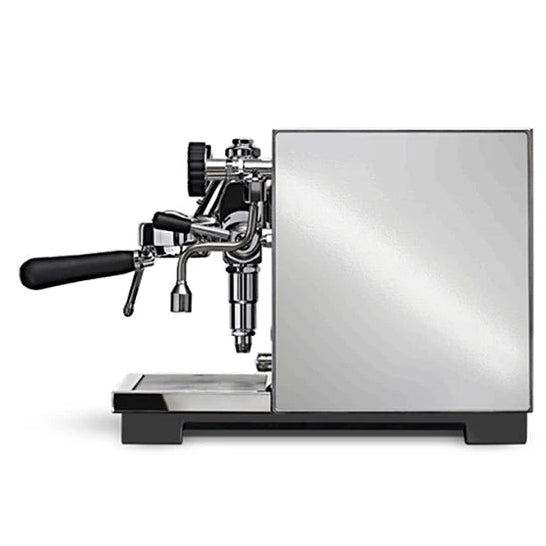 Espresso machine with a metallic finish on a white background