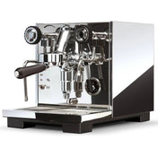 Espresso machine with metallic finish on a white background