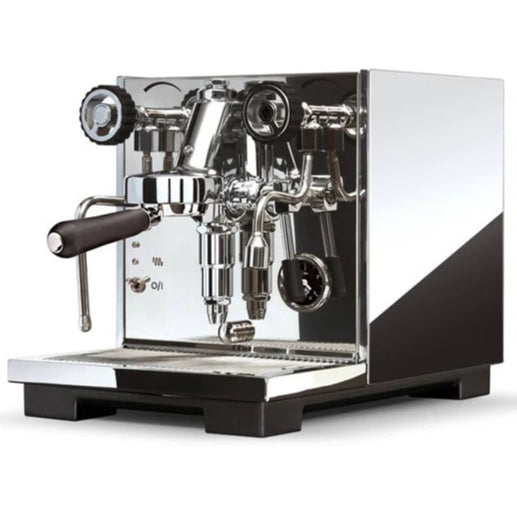 Espresso machine with metallic finish on a white background