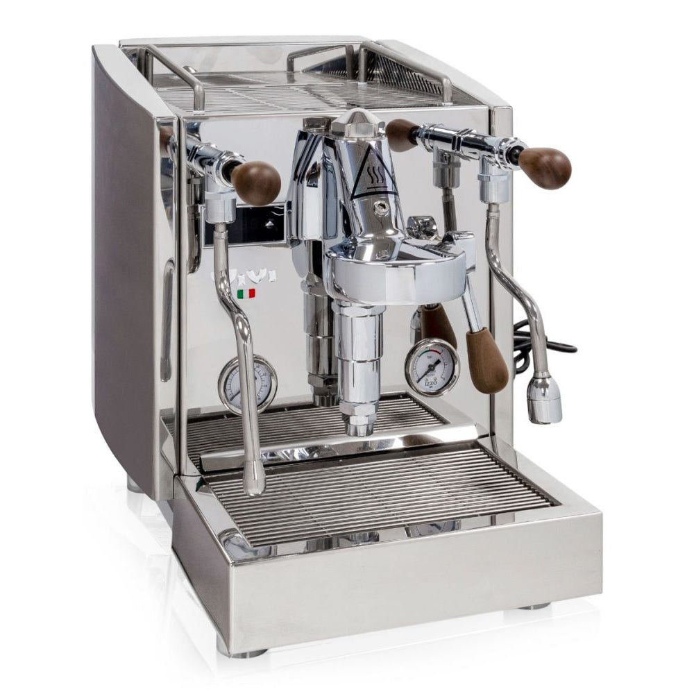Izzo vivi Dual Boiler Coffee Machine, Stainless Steel with wooden accents on white background.