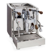 Izzo vivi Dual Boiler Coffee Machine, Stainless Steel with wooden accents on white background.