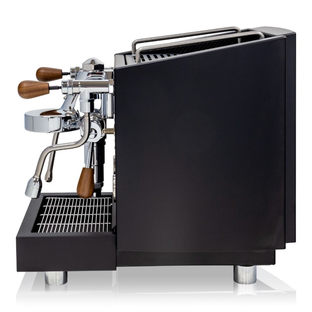 Black Izzo Vivi Dual Boiler espresso machine with wooden handles on a white background