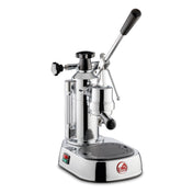 La Pavoni Europiccola Lusso Coffee Machine in polished chrome finish featuring a classic lever design, large boiler, drip tray, and manual pressure control lever, displayed on white background showcasing its iconic Italian craftsmanship and professional-grade espresso brewing capabilities.