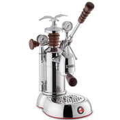 La Pavoni Esperto Abile Coffee Machine featuring a polished chrome body with wooden handles, dual pressure gauges, eagle-topped lever, and drip tray, professional-grade manual espresso maker for specialty coffee brewing and pressure control