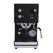 A black and stainless steel espresso machine with a portafilter, steam wand, pressure gauge, and drip tray, shown against a plain white background.