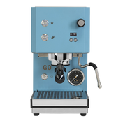 A light blue semi-automatic espresso machine with chrome accents, a digital temperature display, and a steam wand, shown against a plain white background.