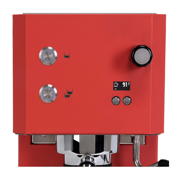 Close-up of a red espresso machine front panel with silver metal components, a black rotary knob, two round buttons, and a small digital display reading 91°C.