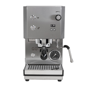 A stainless steel semi-automatic espresso machine with a digital display, pressure gauge, drip tray, and steam wand, shown against a plain white background.