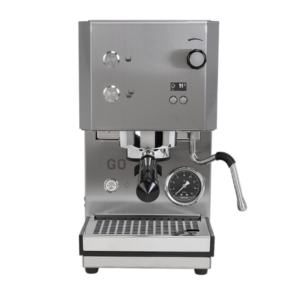 A stainless steel semi-automatic espresso machine with a digital display, pressure gauge, drip tray, and steam wand, shown against a plain white background.