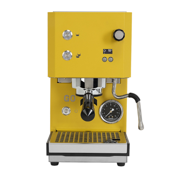 A bright yellow semi-automatic espresso machine with a stainless steel portafilter, pressure gauge, and steam wand, shown against a solid white background.