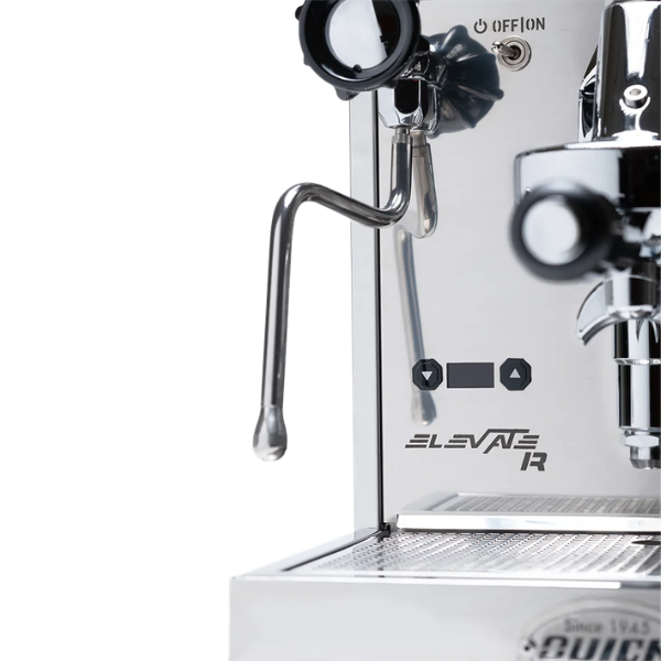 Close-up of a coffee machine with 'Elevate' branding on a white background