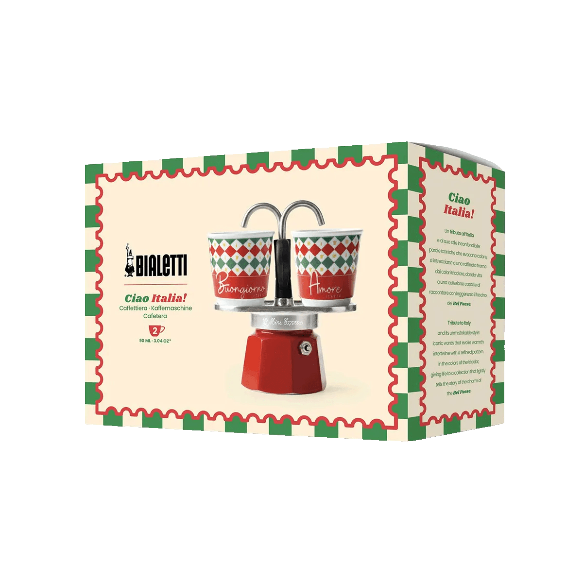 Bialetti Mini Express 2 cup Italia with 2 espresso cups, alternate view