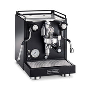 La Pavoni Cellini Classic coffee machine in sleek black finish featuring E61 group head, pressure gauge, chrome accents, dual steam wands, and drip tray on a professional-grade espresso maker designed for home use.