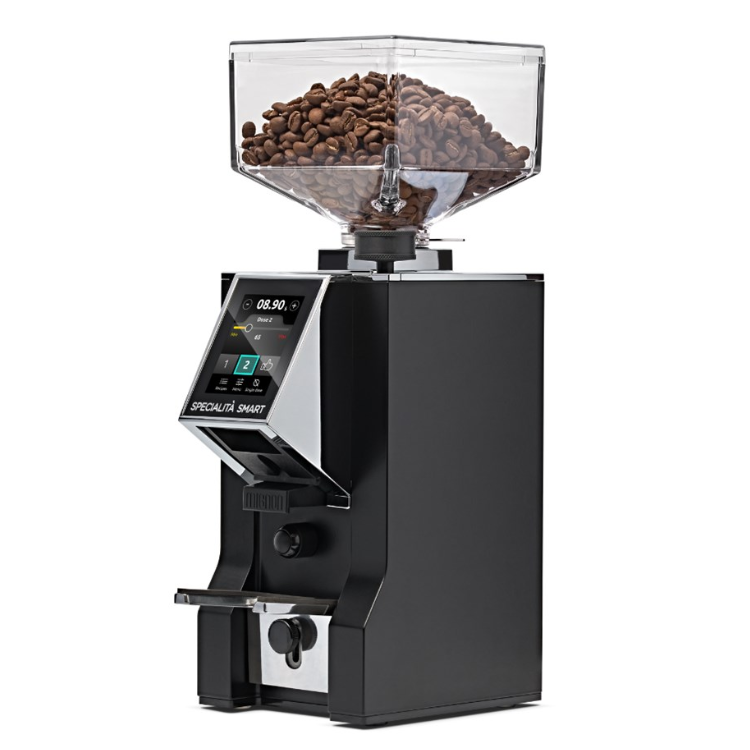 Black Eureka Specialita Smart Coffee Grinder on a white background.