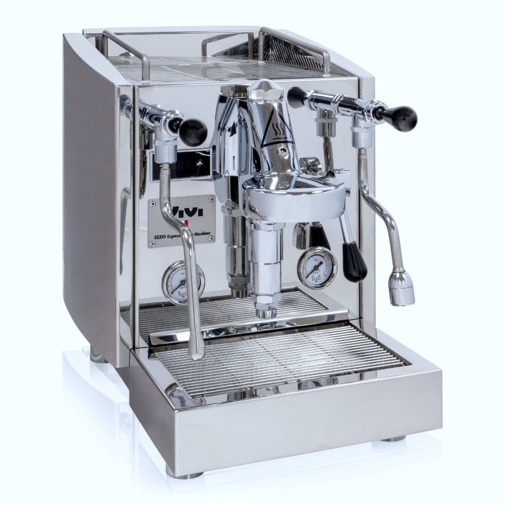 Stainless steel izzo vivi espresso machine on a white background