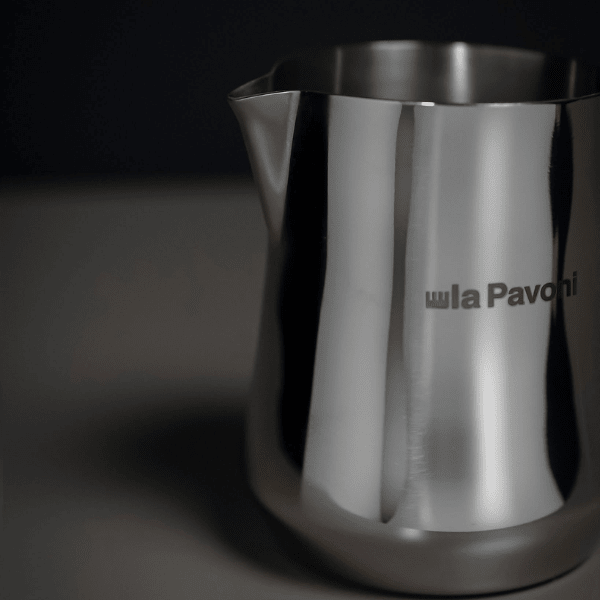 La Pavoni 500ml stainless steel milk jug side view