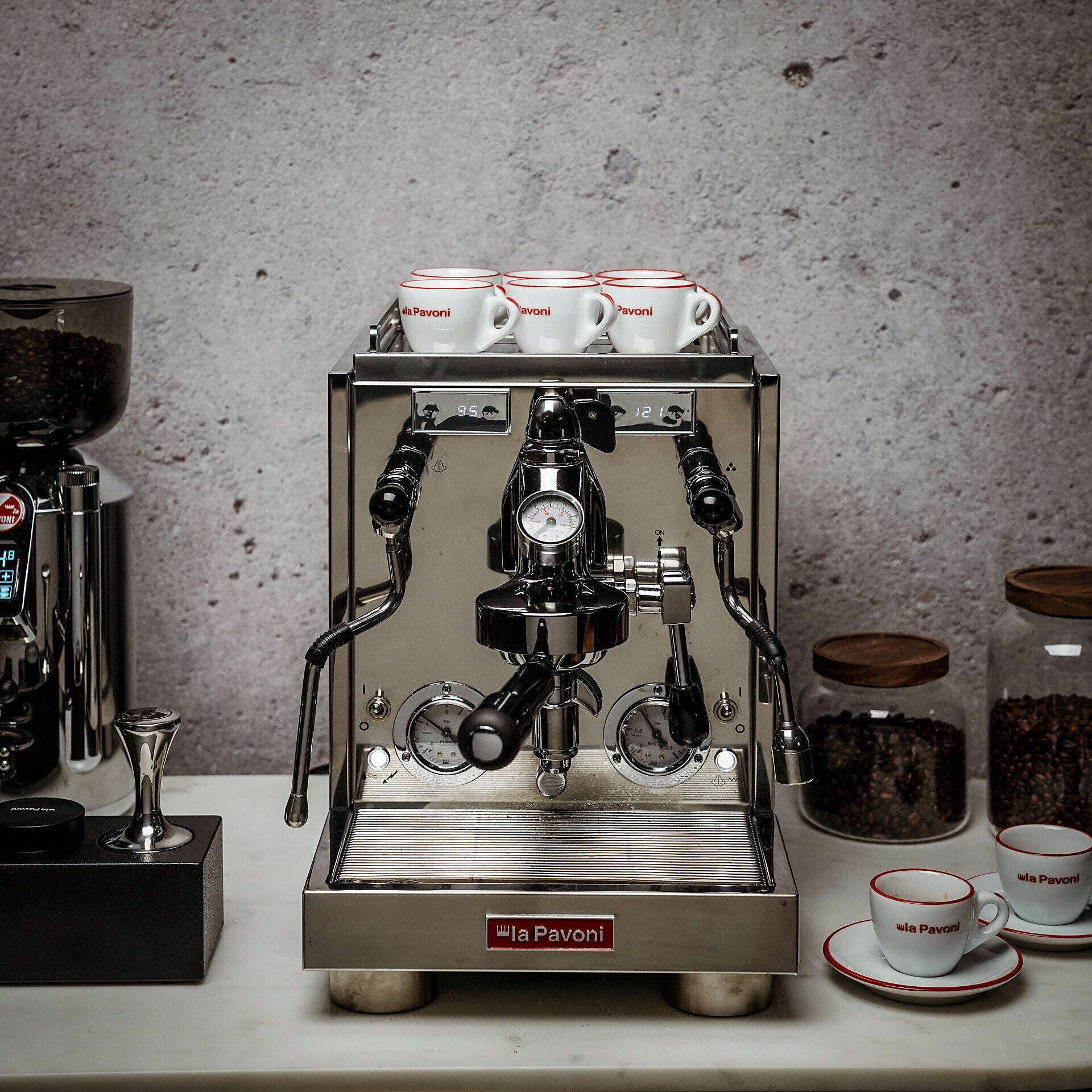 La Pavoni Botticelli Specialty dual boiler espresso machine in stainless steel, alternate view