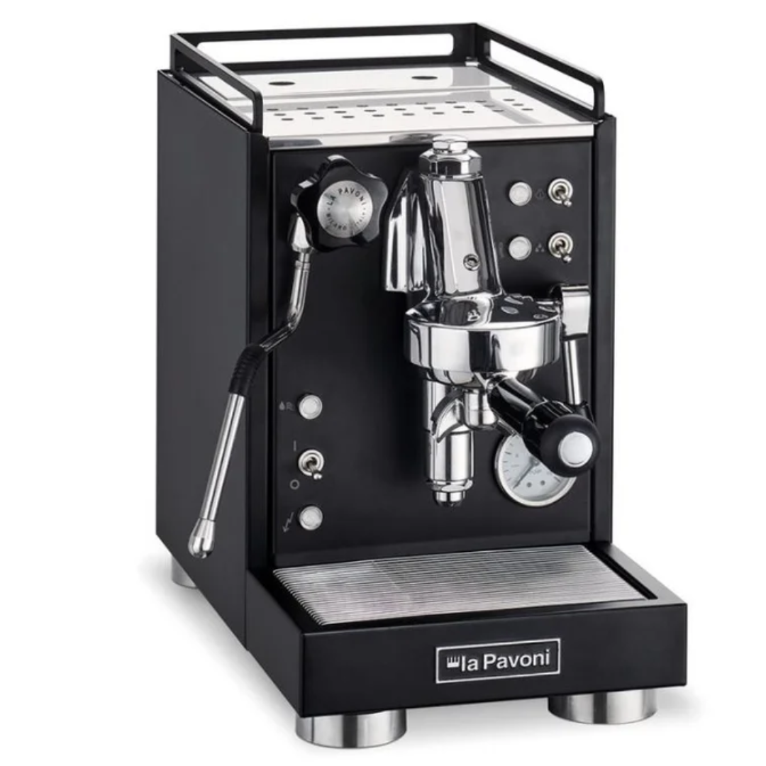 La Pavoni Cellini Mini Coffee Machine in sleek black with chrome accents, featuring a professional E61 group head, steam wand, pressure gauge, and drip tray on a compact body. Front view showing the control panel and brewing components.