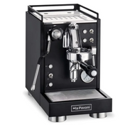 La Pavoni Cellini Mini Coffee Machine in sleek black with chrome accents, featuring a professional E61 group head, steam wand, pressure gauge, and drip tray on a compact body. Front view showing the control panel and brewing components.