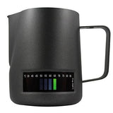 Latte Pro 480ml black milk jug with temperature tag