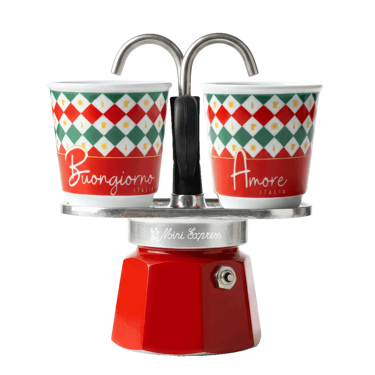 Bialetti Mini Express 2 Cup Italia with two espresso cups