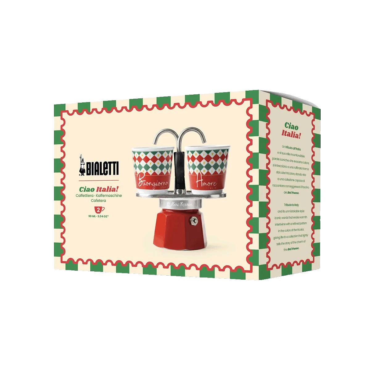 Bialetti Mini Express 2 Cup Italia with two espresso cups, view 2