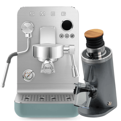Smeg Minipro EMC02 espresso machine and Turin DF54 grinder bundle in green