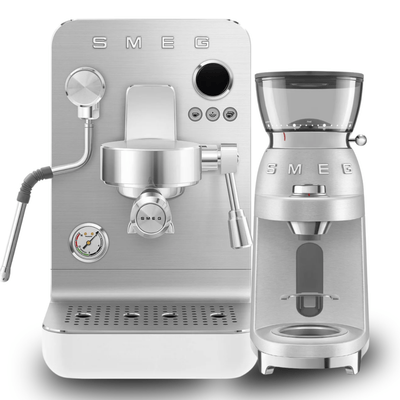 Smeg Minipro espresso machine and grinder bundle in white